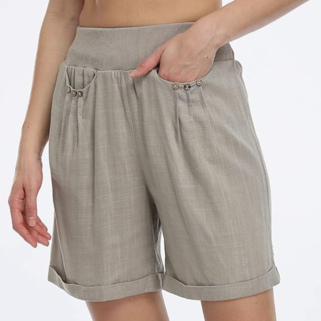 Women's Gray Neutral Casual Summer Cotton Linen Shorts Loose Fit M